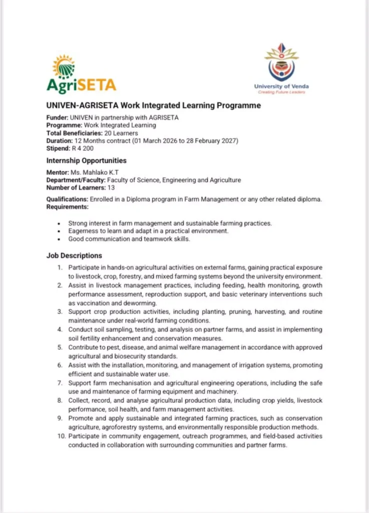 UNIVEN–AgriSETA Paid Work Integrated Learning (WIL) Programme 2026