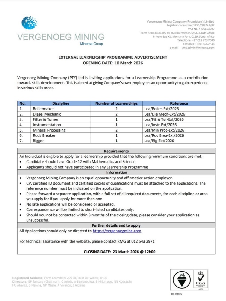 Vergenoeg Mining Internships and Learnerships 2026 